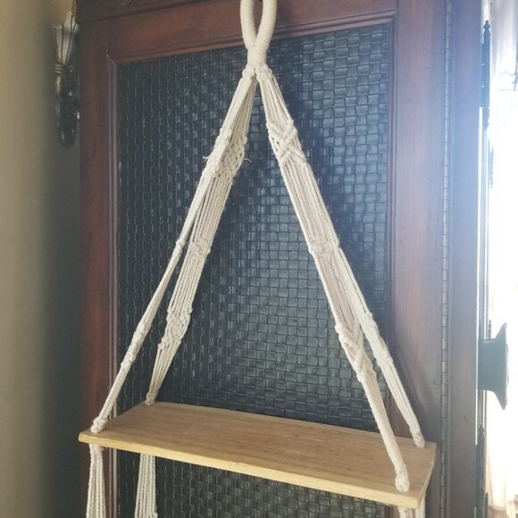 Macramé Two Shelf Wood Plant Hanger Boho Decor - Picture 5 of 8